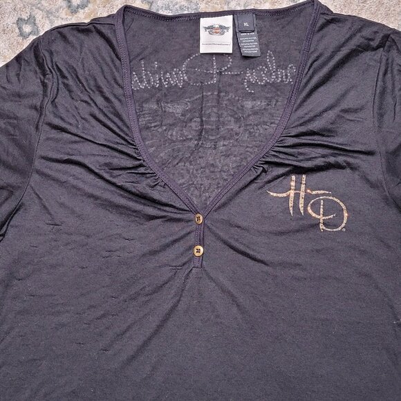 Harley-Davidson Black & Gold Embellished V-Neck Tee – Size XL - Picture 4 of 12